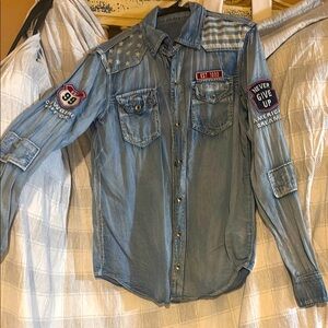 Cutest Jean button down with old style patches